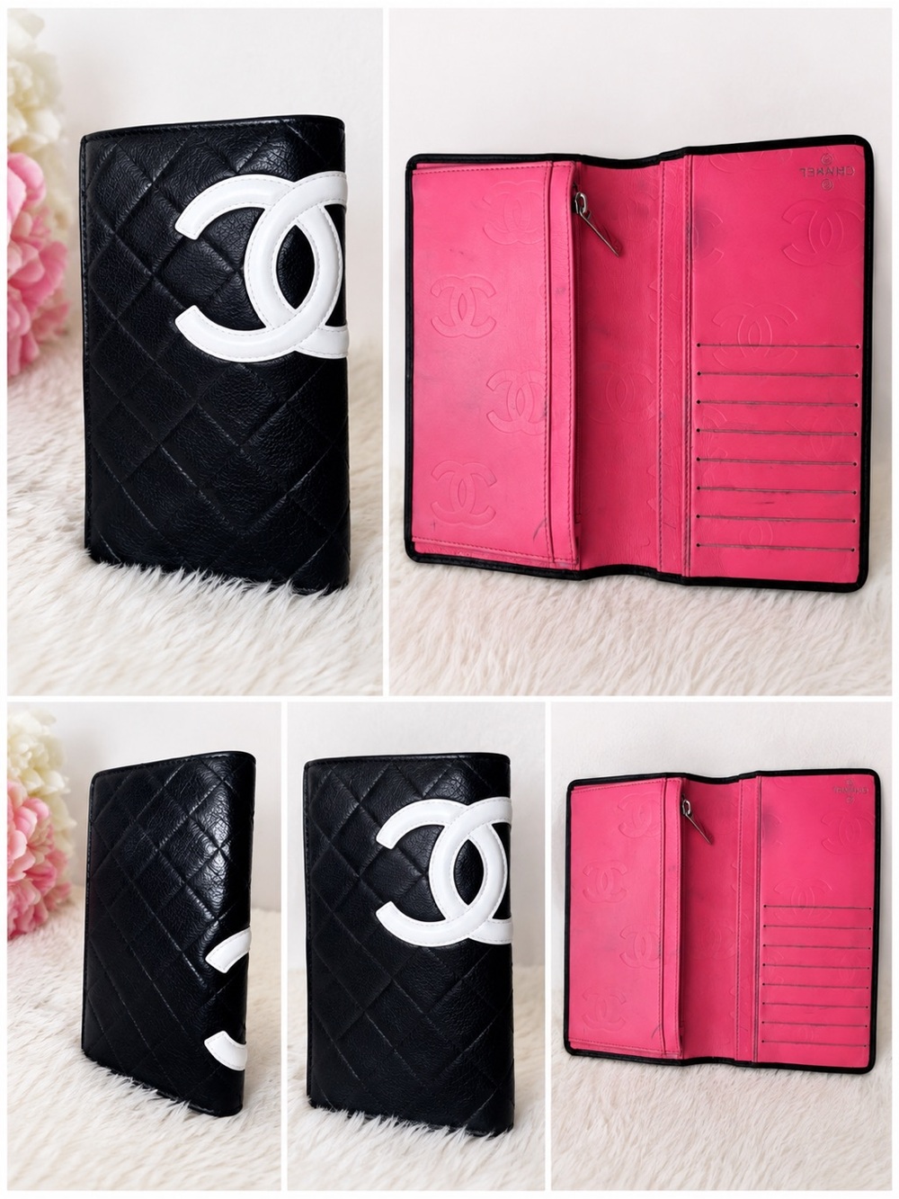 CHANEL Black Quilted Leather Long Wallet with White CC Logo & Pink Interior